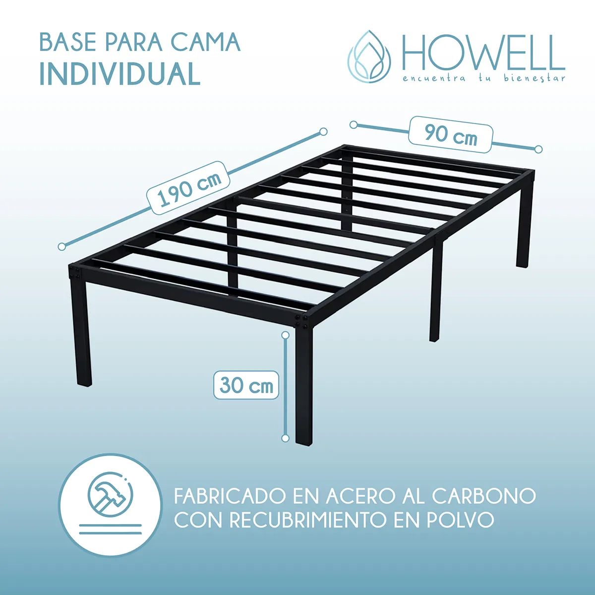 HOWELL - Base cama 1 plaza Howell 190x90x30 Acero Soporta 250kg