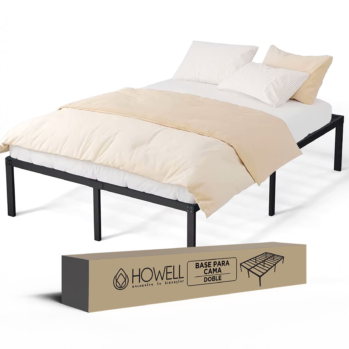 HOWELL - Base cama 2 plazas Howell 190x150x30 Acero Soporta 400kg