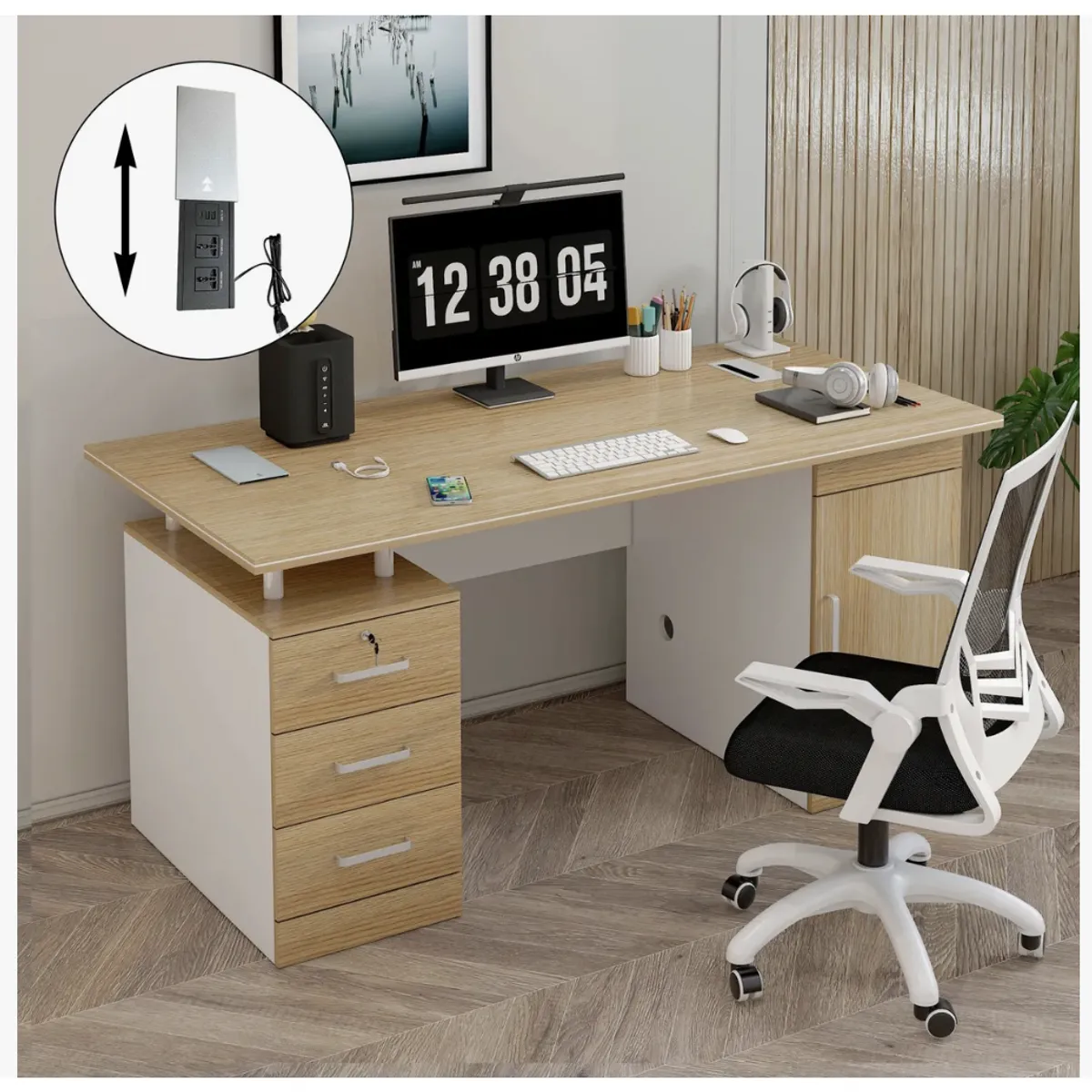 HOMER DESIGN - Escritorio 140cm Enchufe Tapa Deslizable Integrado Cajonera