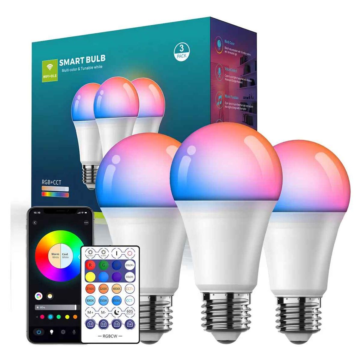 GENERICO - Pack x3 Ampolleta Inteligente Led Wifi Bluetooth App Rgb 9w