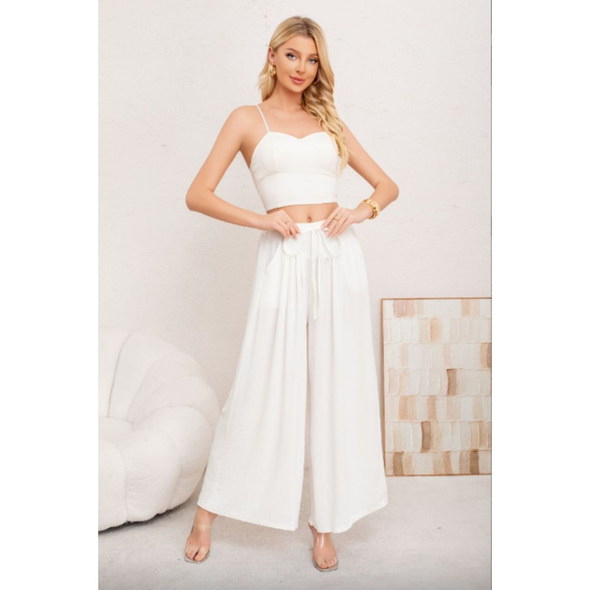 LIKE SHOP - Pantalon Palazzo Algodon Mujer Tipo Lino Casual Playero 3001