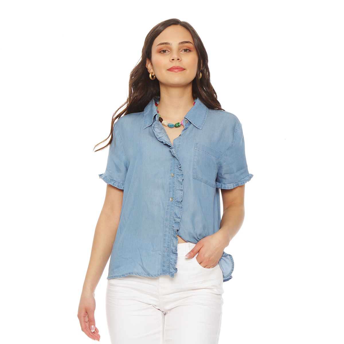 WADOS - BLUSA MANGA CORTA LYOCELL DELANTERO RUCHAS BOLSILLO PARCHE