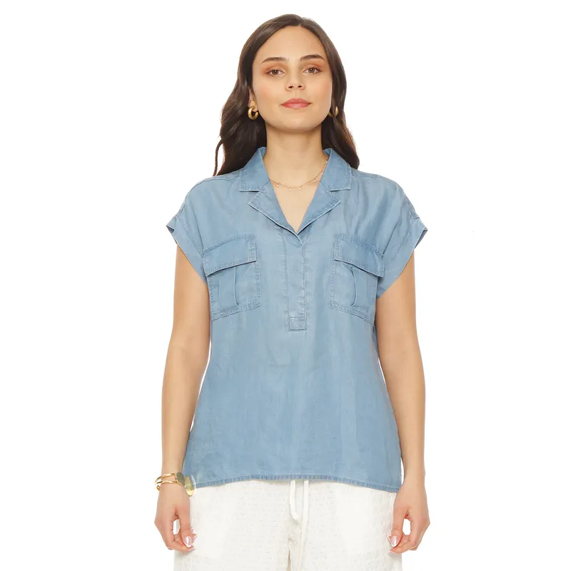 WADOS - BLUSA MANGA CORTA BOLSILLOS PARCHE CUELLO CAMISERO ESCOTE V