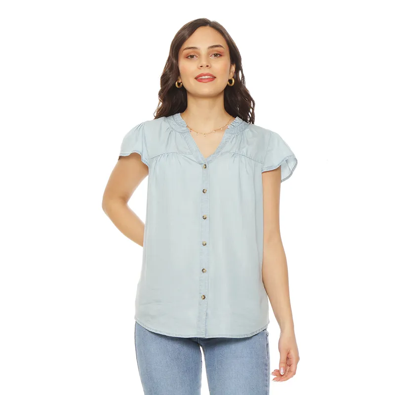 WADOS - BLUSA MANGA CORTA LYOCELL CUELLO MAU RUCHAS CON BOTONES