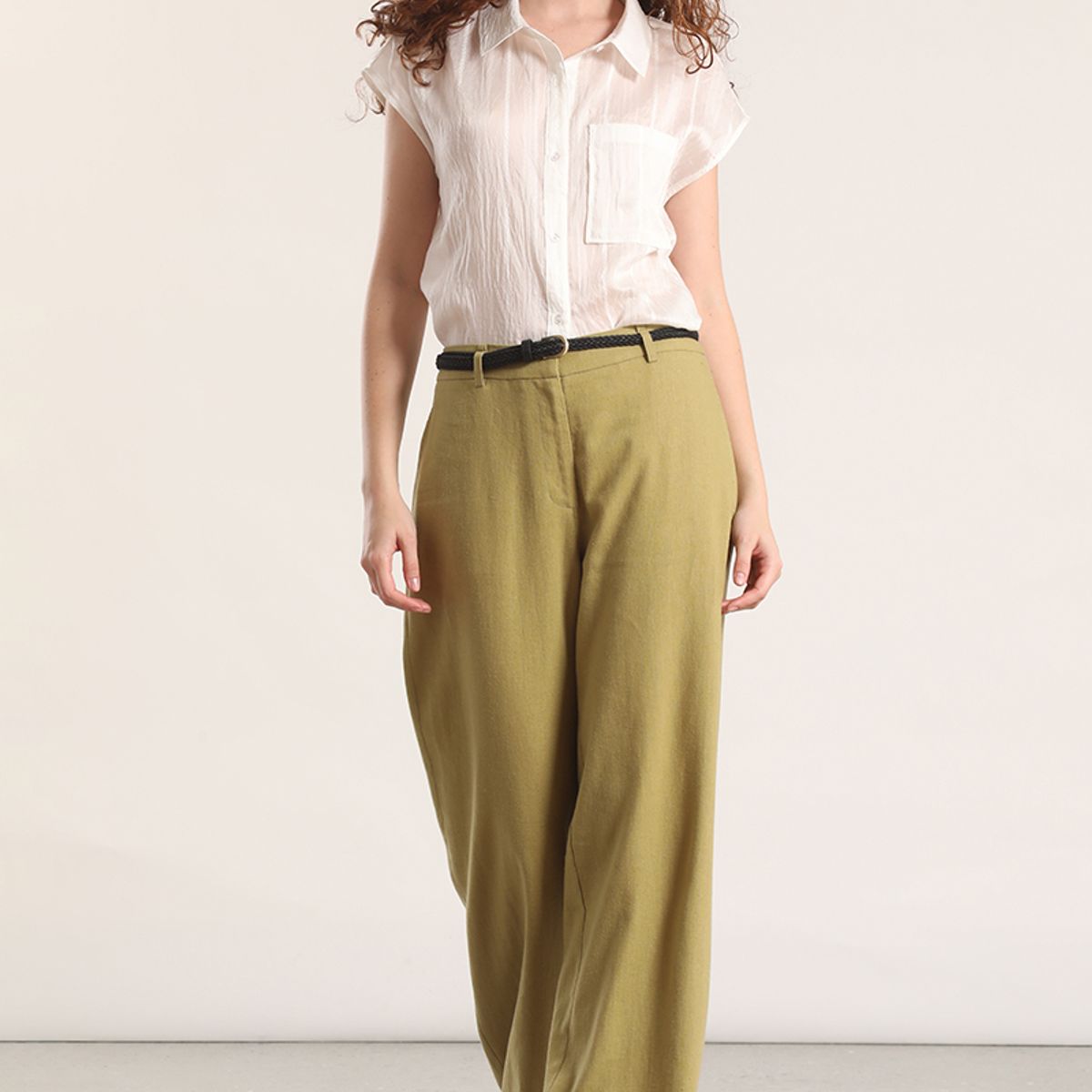 LIOLA - Pantalón ancho cinturón lino liola mujer verde