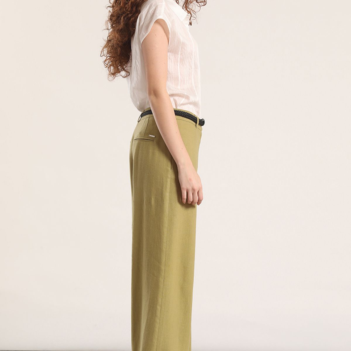 LIOLA - Pantalón ancho cinturón lino liola mujer verde