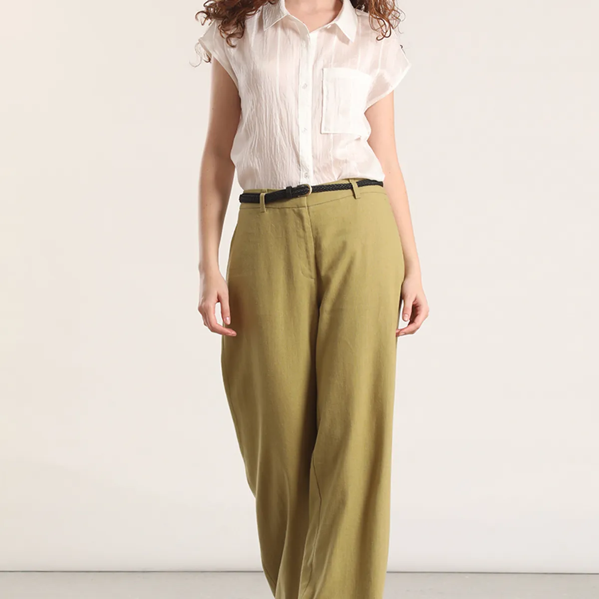LIOLA - Pantalón ancho cinturón lino liola mujer verde