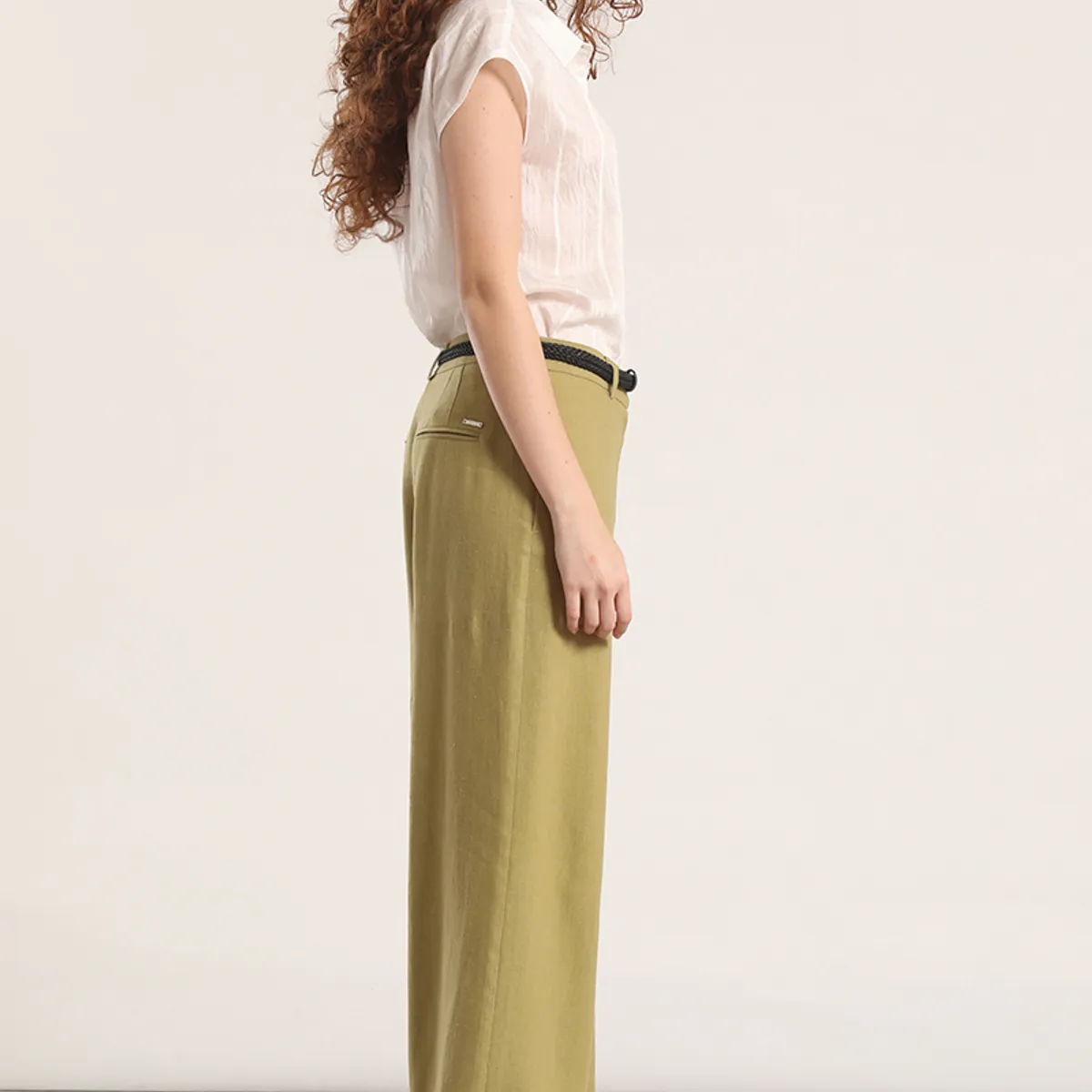 LIOLA - Pantalón ancho cinturón lino liola mujer verde
