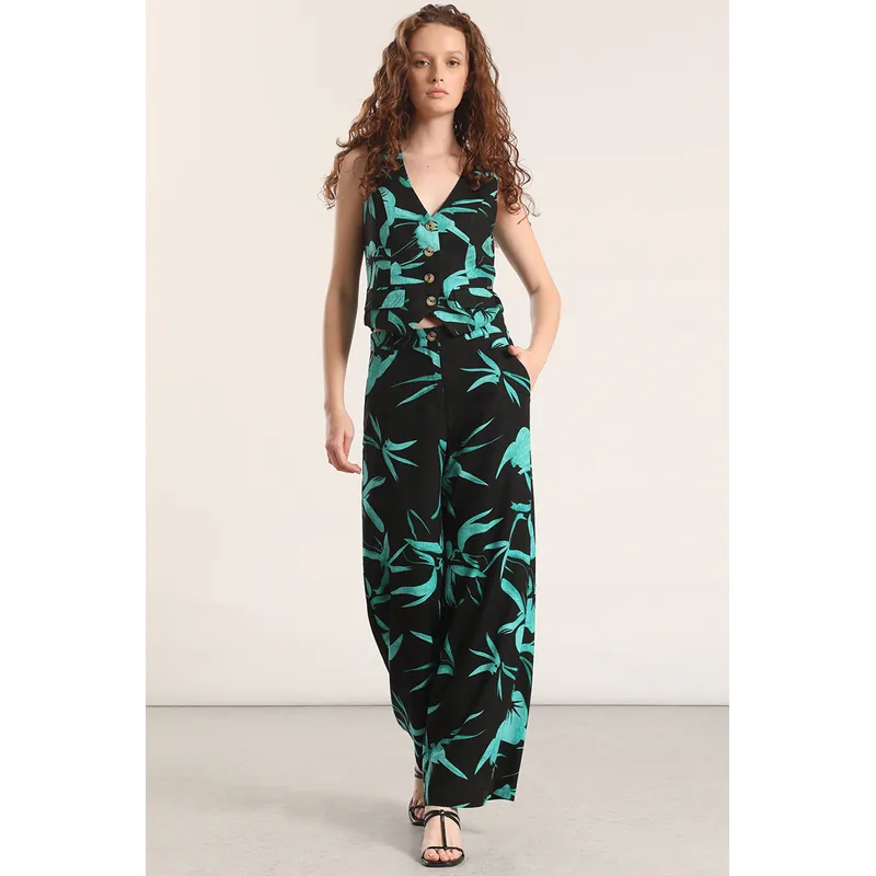 LIOLA - Pantalón ancho lino estampado liola mujer negro