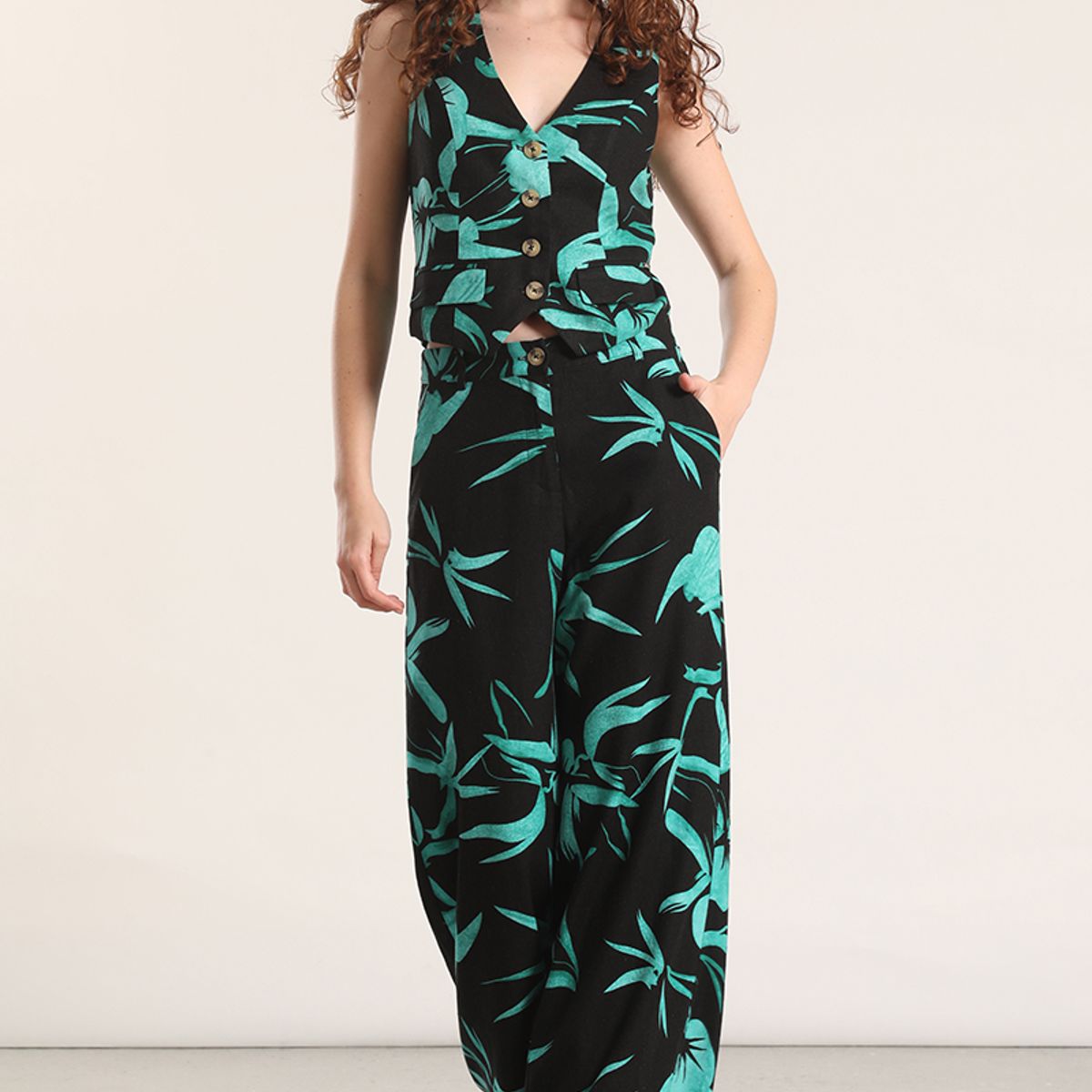 LIOLA - Pantalón ancho lino estampado liola mujer negro