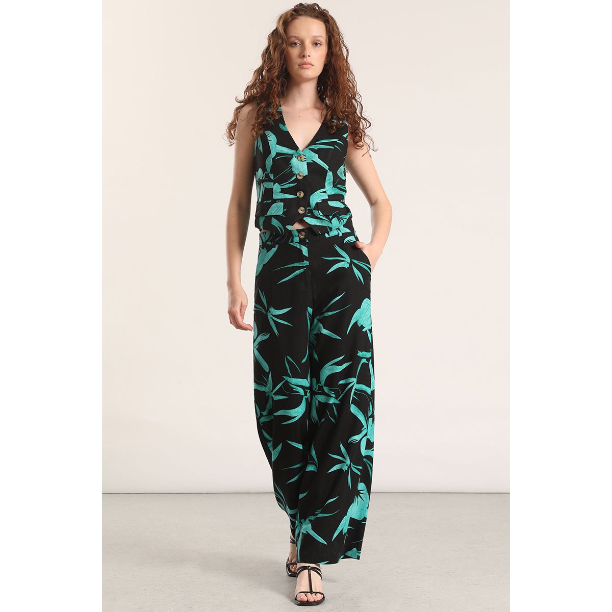 LIOLA - Pantalón ancho lino estampado liola mujer negro