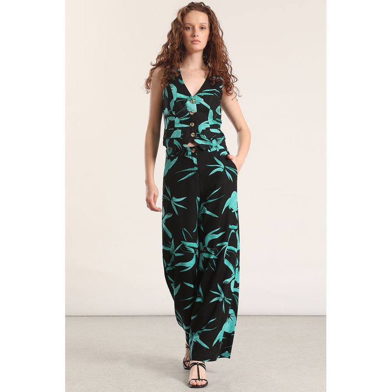 LIOLA - Pantalón ancho lino estampado liola mujer negro