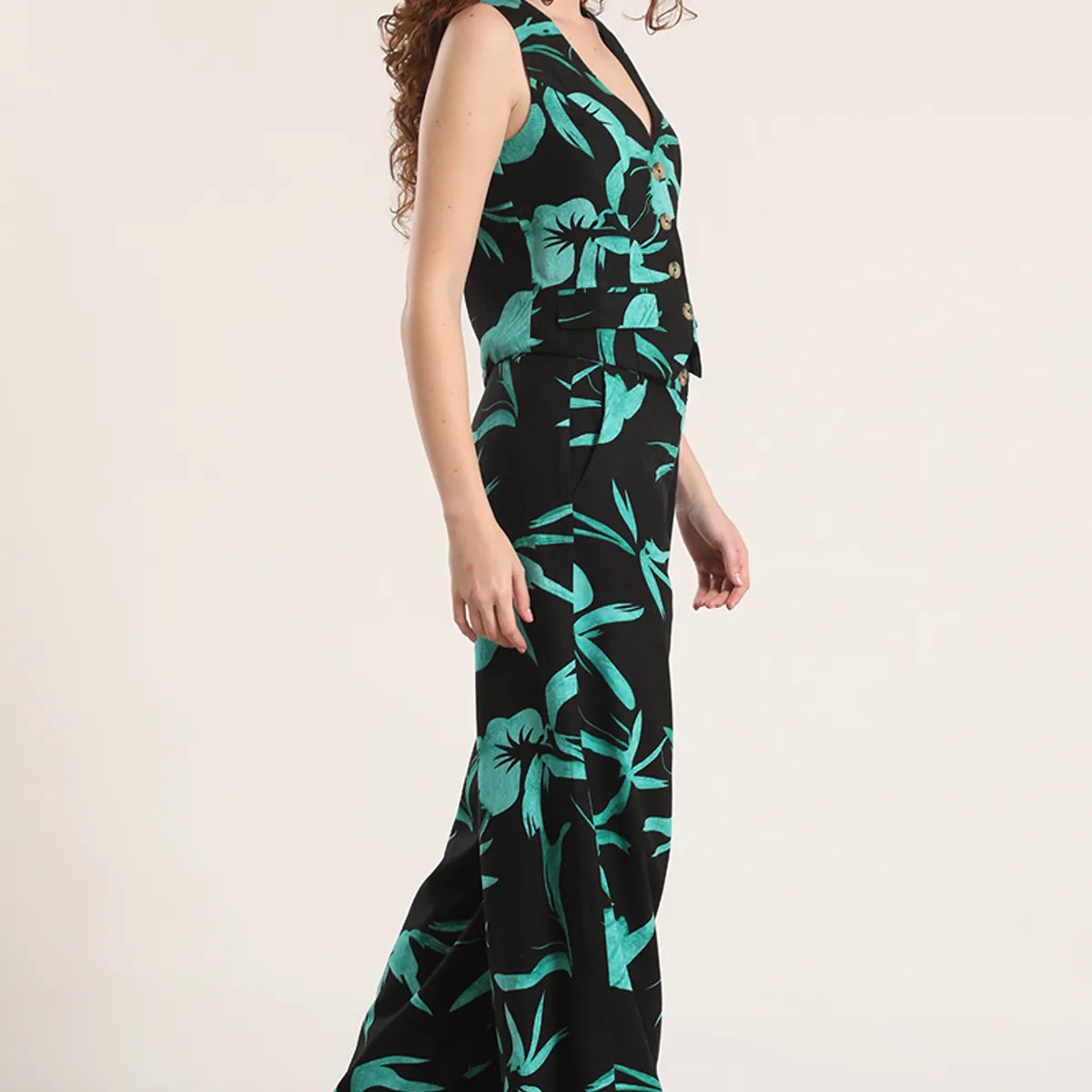 LIOLA - Pantalón ancho lino estampado liola mujer negro