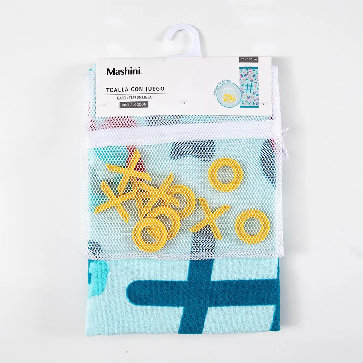 MASHINI - Toalla Con Juego De Playa Gato Celeste 70x150 100 % Algodon Mashini