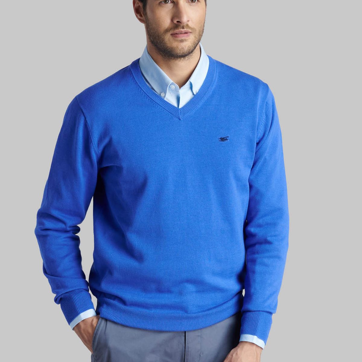 FEROUCH - Sweater V Neck Solido Azul Ferouch