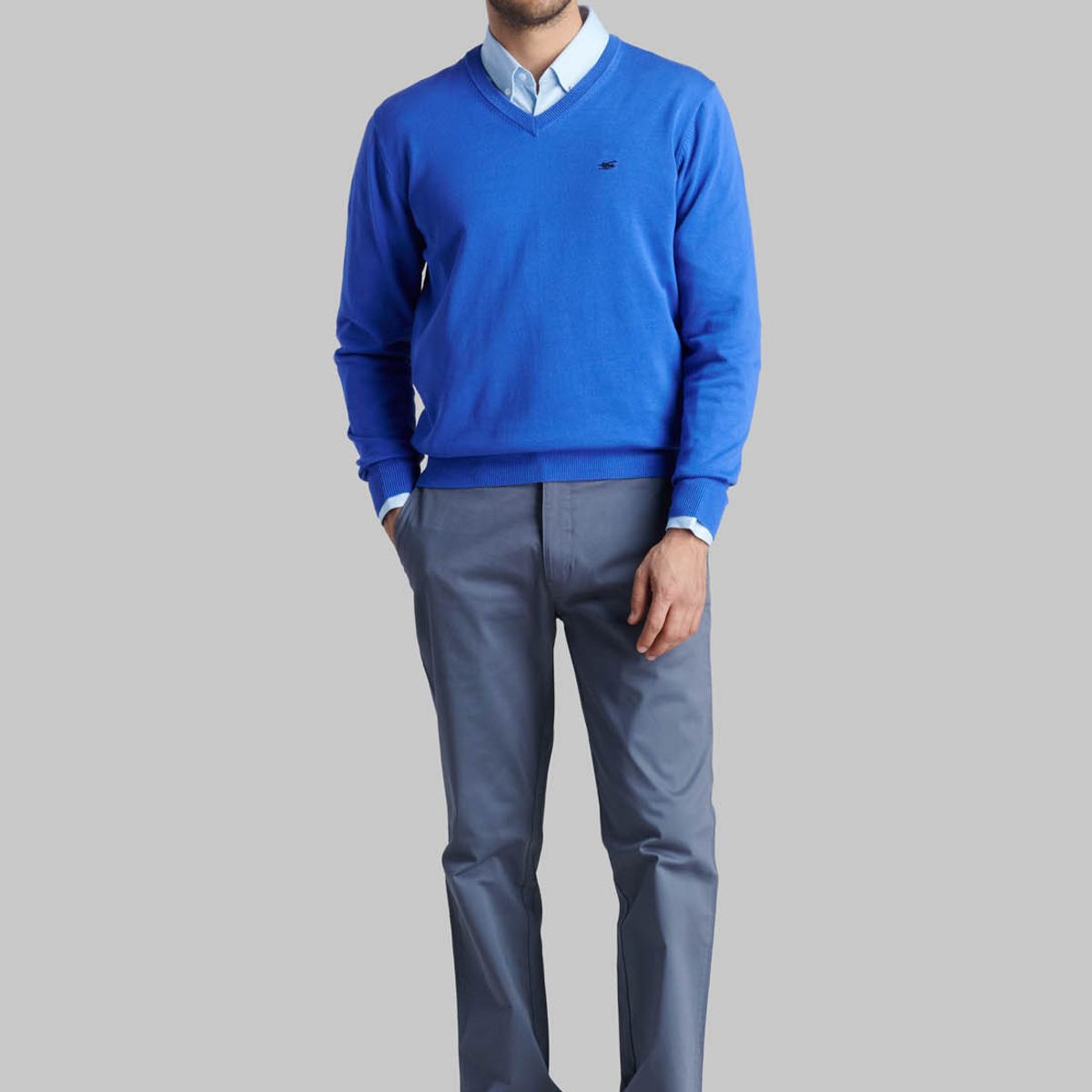 FEROUCH - Sweater V Neck Solido Azul Ferouch