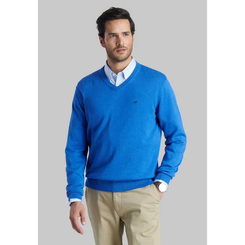 FEROUCH - Sweater V Neck Melange Azul Ferouch