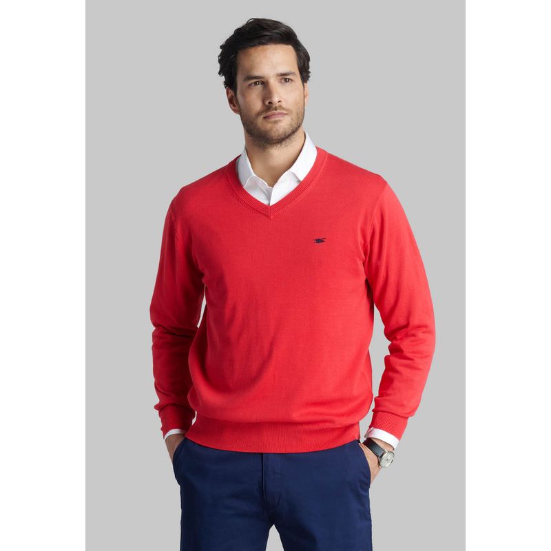 FEROUCH - Sweater V Neck Solido Rojo Ferouch
