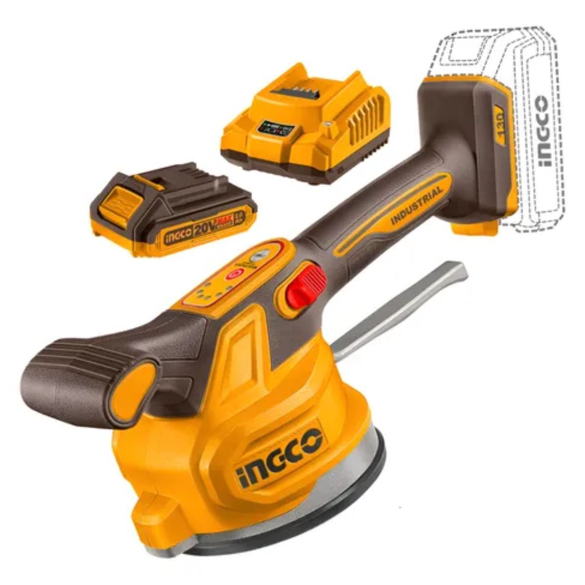 INGCO - Ventosa Vibradora Inalámbrica 130mm + Batería 2ah + Cargador
