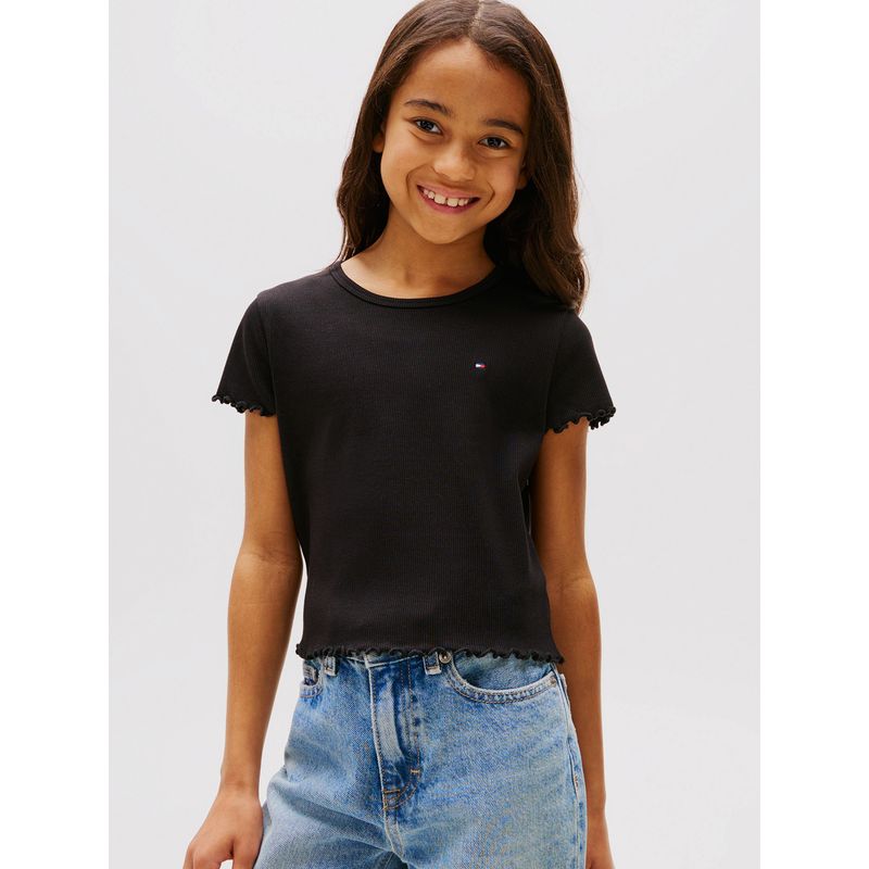 TOMMY HILFIGER - Polera Con Ribetes Fruncidos Negro Tommy Hilfiger