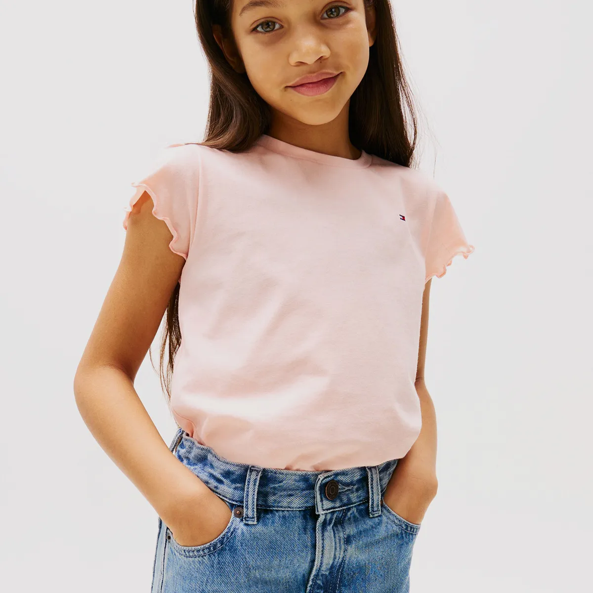 TOMMY HILFIGER - Polera Essential De Corte Slim Con Volantes Rosado Tommy Hilfiger