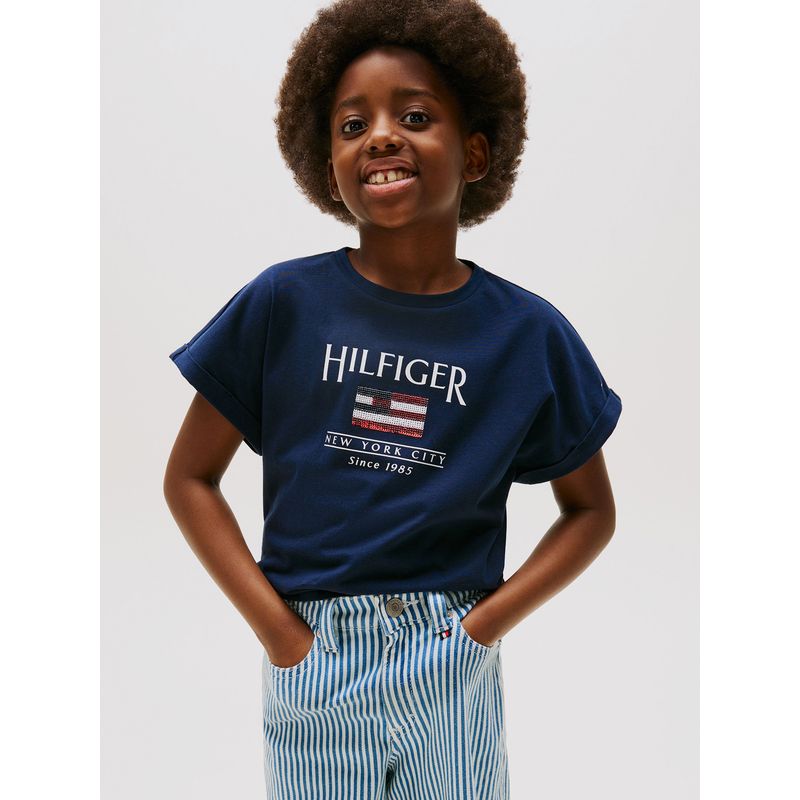 TOMMY HILFIGER - Polera Holgada Con Logo De Lentejuelas Azul Tommy Hilfiger