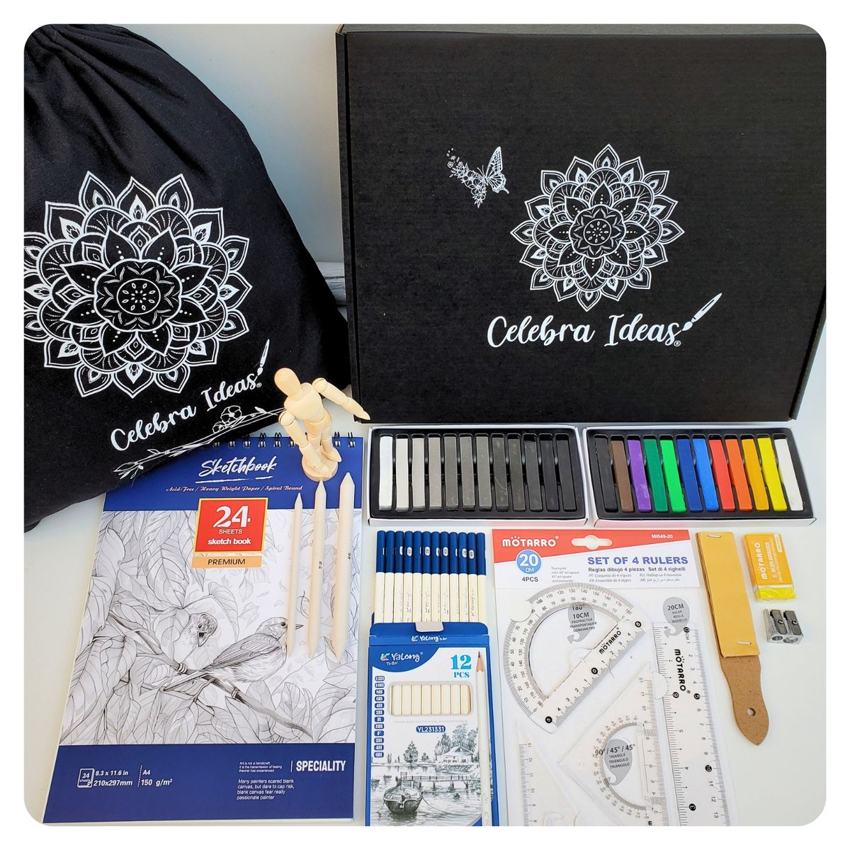CELEBRA IDEAS - Set kit Arte Dibujo grafito con Pasteles Secos 24 colores