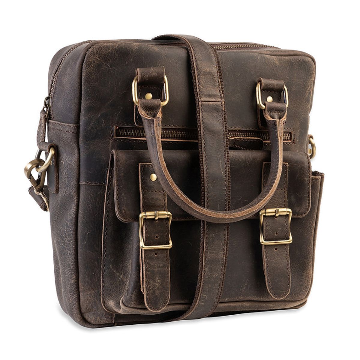 FRANZ MOSSI - Bolso de Cuero Natural Marrón Oscuro 2 Asas Estilo Vintage Franz Mossi