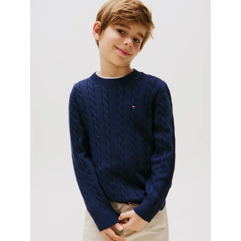 TOMMY HILFIGER - Sweater De Punto Trenzado Con Cuello Redondo Azul Tommy Hilfiger