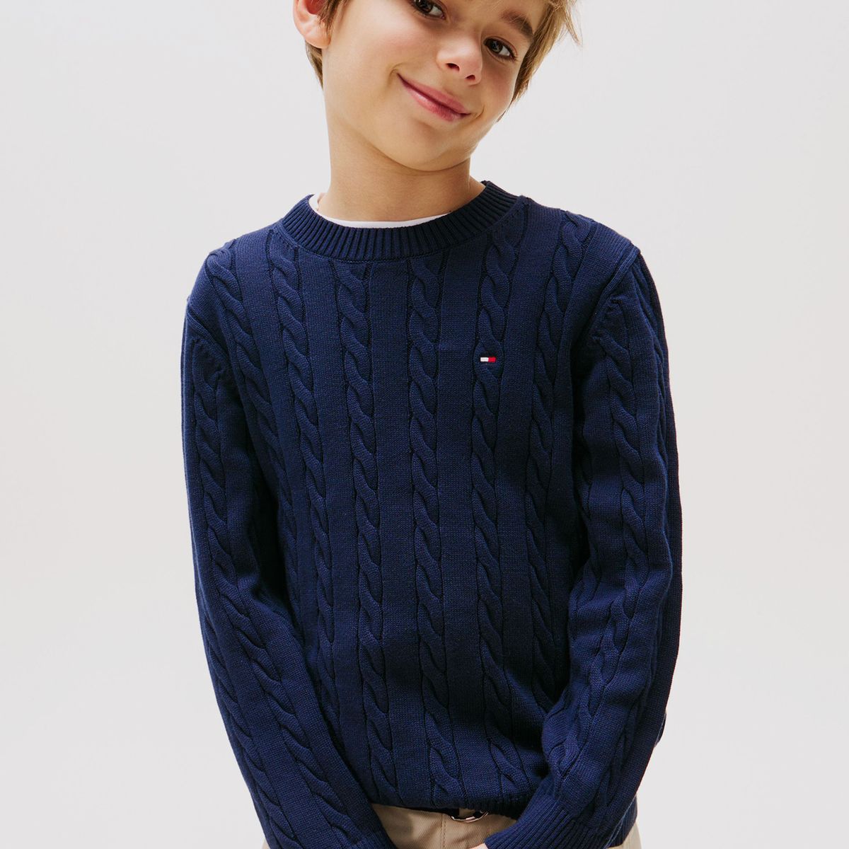 TOMMY HILFIGER - Sweater De Punto Trenzado Con Cuello Redondo Azul Tommy Hilfiger