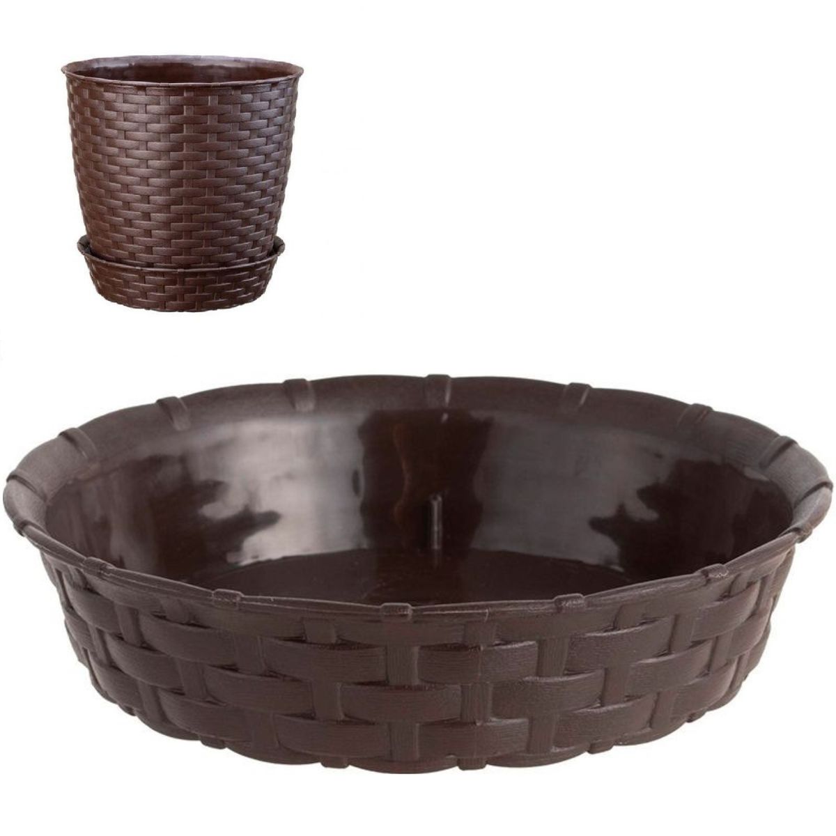 REYPLAST - PACK X 4 PLATO MACETA REDONDA ESTILO RATÁN 33×30 CM MARRÓN MORRO  REYPLAST