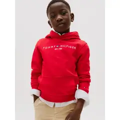 TOMMY HILFIGER - Polerón Con Gorro Y Logo Bordado Essential Rojo