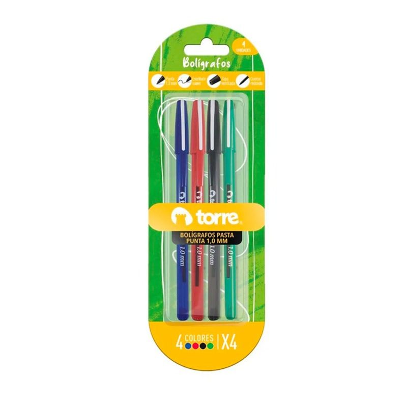 TORRE - PACK X 4 BLISTER 4 BOLÍGRAFOS 1 AZUL 1 NEGRO 1 ROJO 1 VERDE