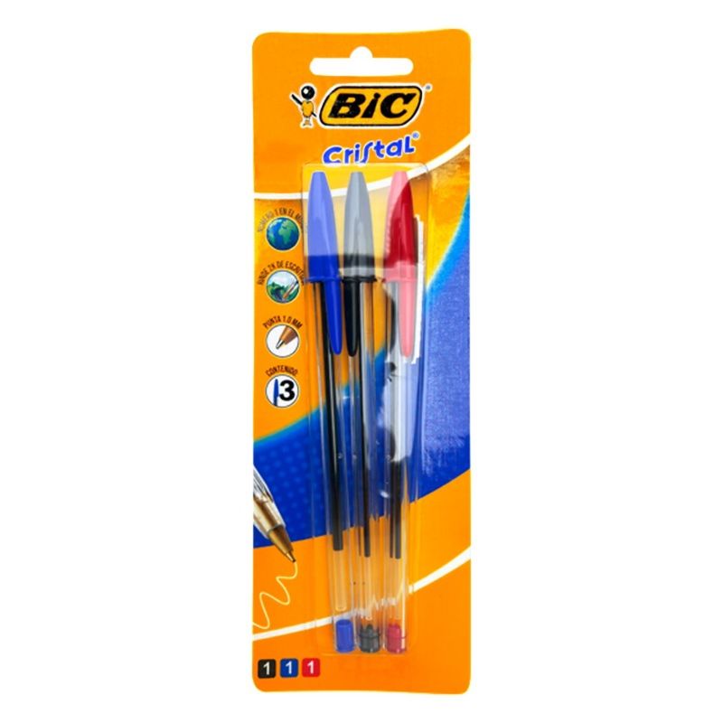 GENERICO - PACK X 4 BLISTER 3 BOLÍGRAFOS CRISTAL AZUL NEGRO ROJO  BIC