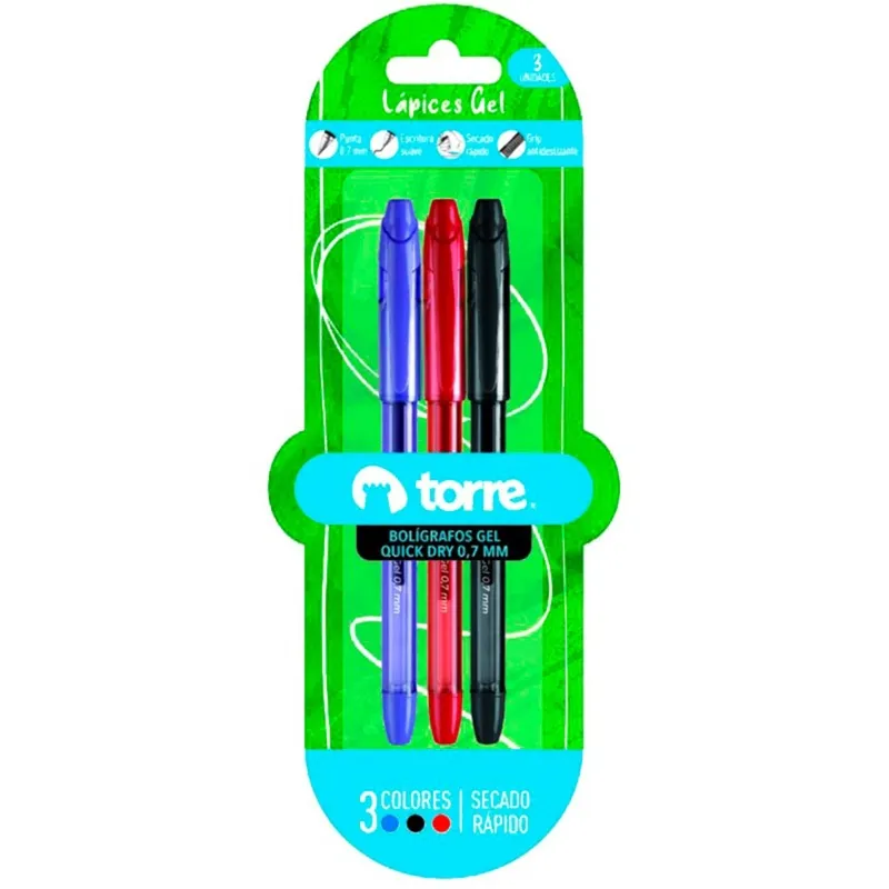 TORRE - PACK X 4 BLISTER 3 BOLÍGRAFO GEL QUICK DRY   TORRE
