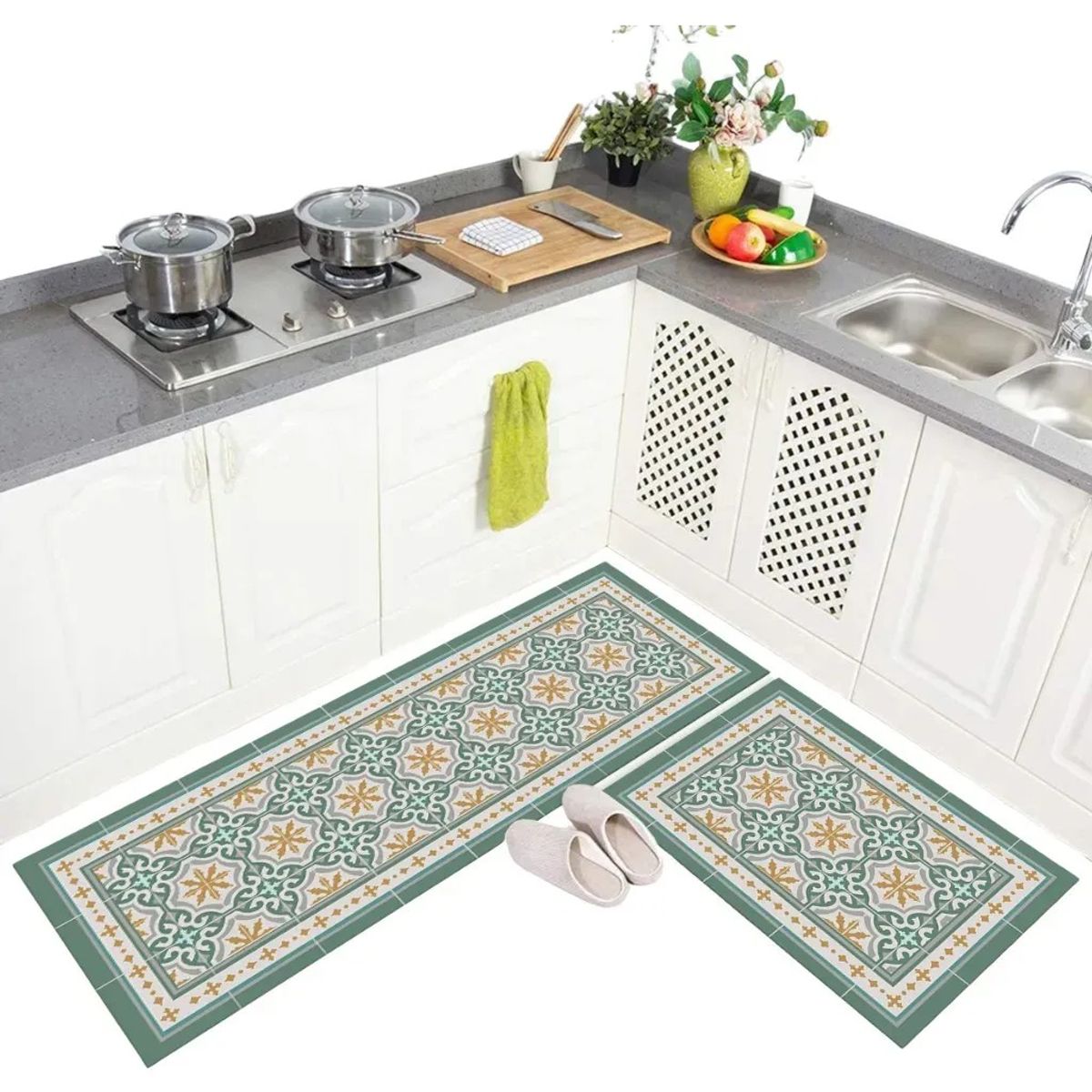KUANGYE - Set 2 Alfombras De Cocina Antideslizante - Córdova Green