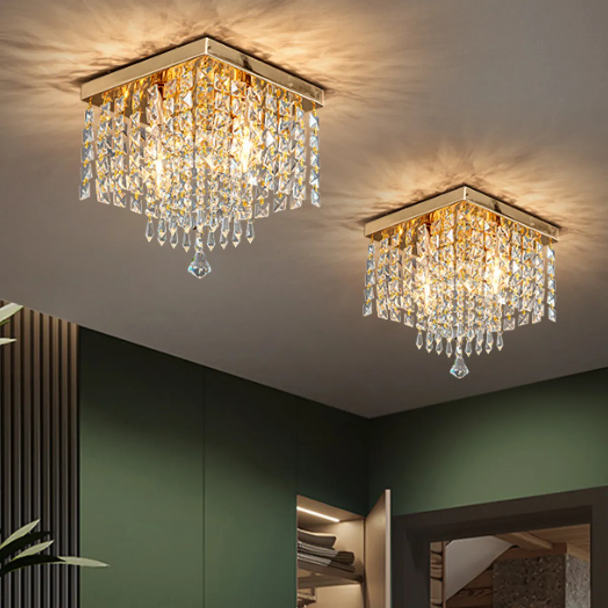 UMEXUS - Lámpara de Techo Cristal Split 5 Luces Dorada Cuadrada Dormitorio.