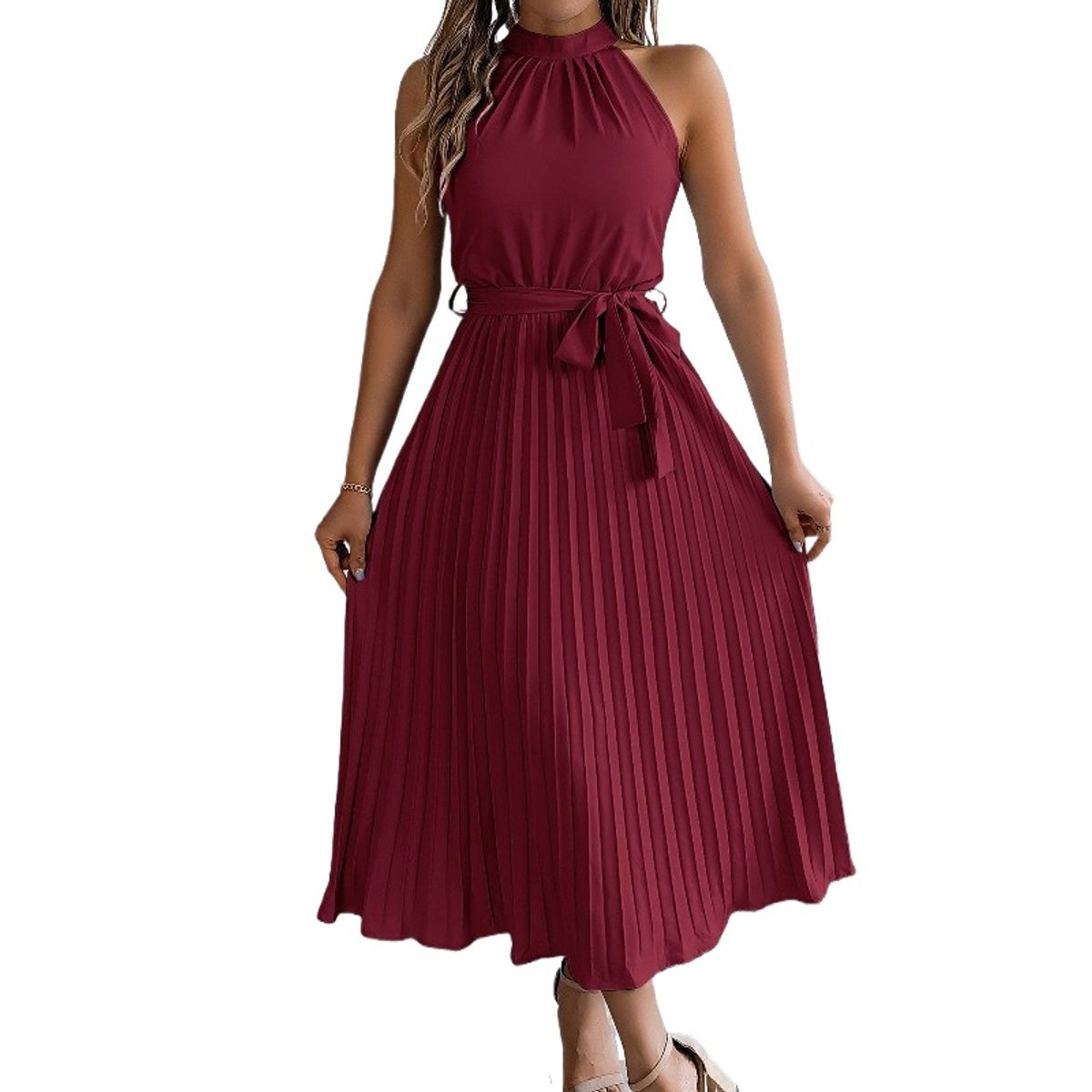 TIOZONEY - Vestido sin mangas con cuello halter-Rojo