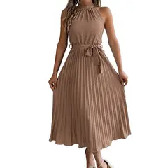 TIOZONEY - Vestido sin mangas con cuello halter-Marrón