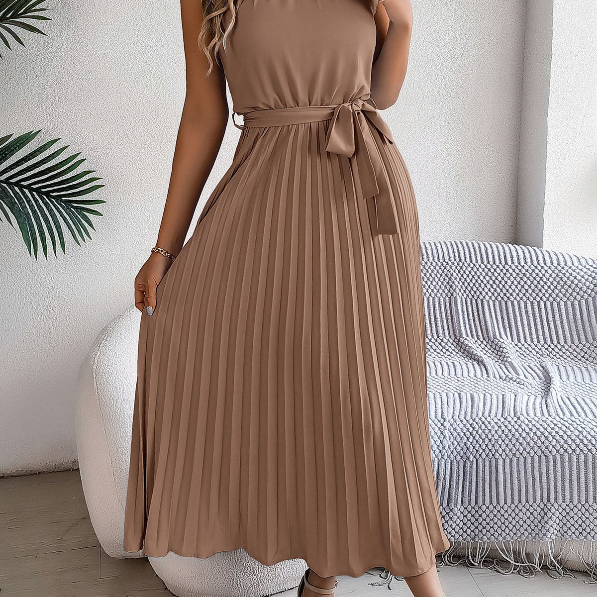 TIOZONEY - Vestido sin mangas con cuello halter-Marrón