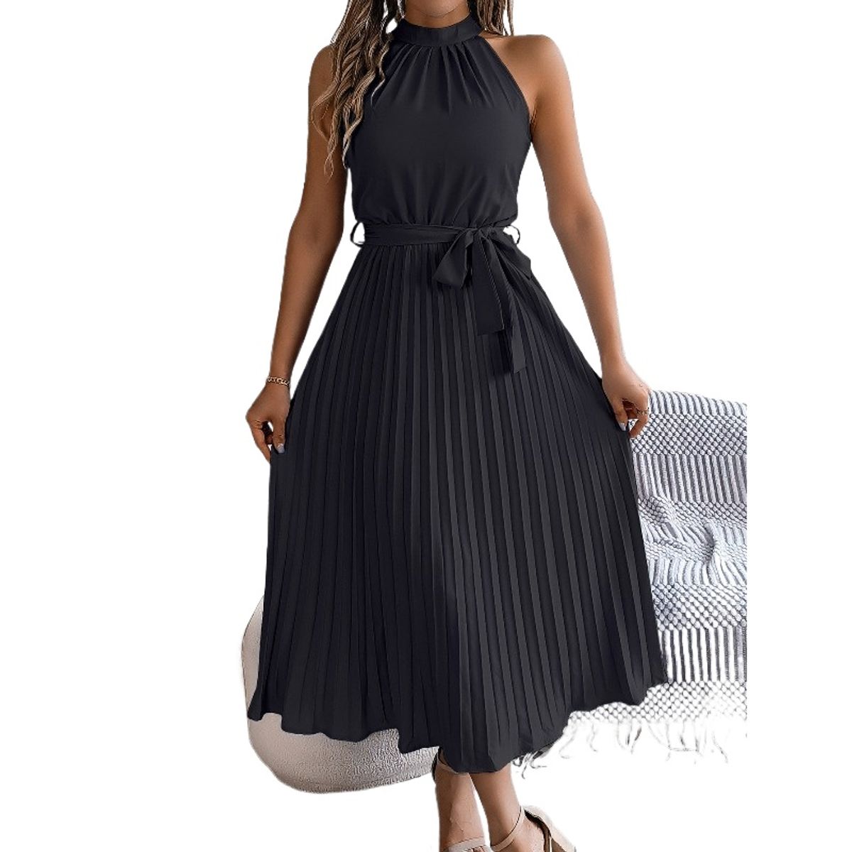 TIOZONEY - Vestido sin mangas con cuello halter-Negro