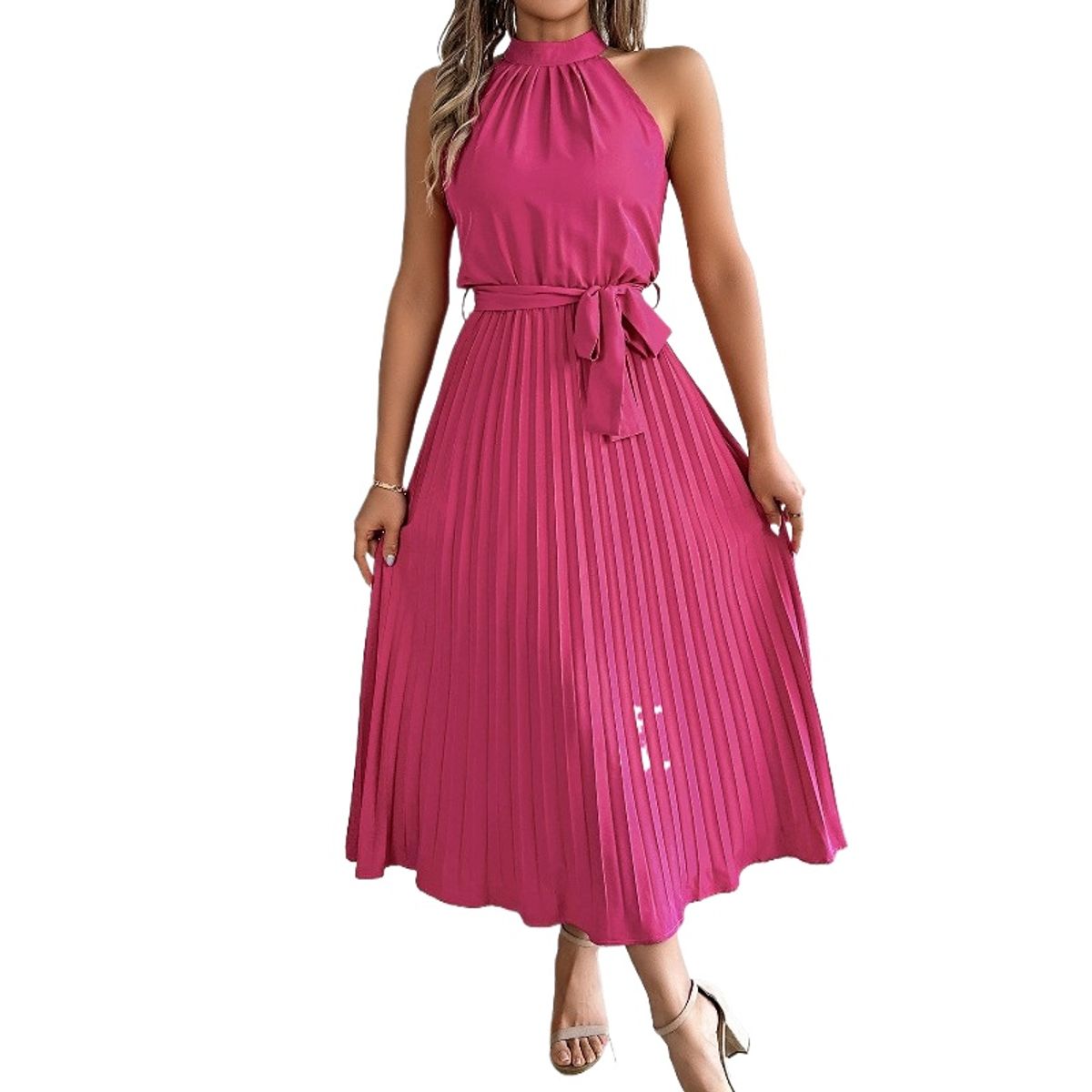 TIOZONEY - Vestido sin mangas con cuello halter-Rosa
