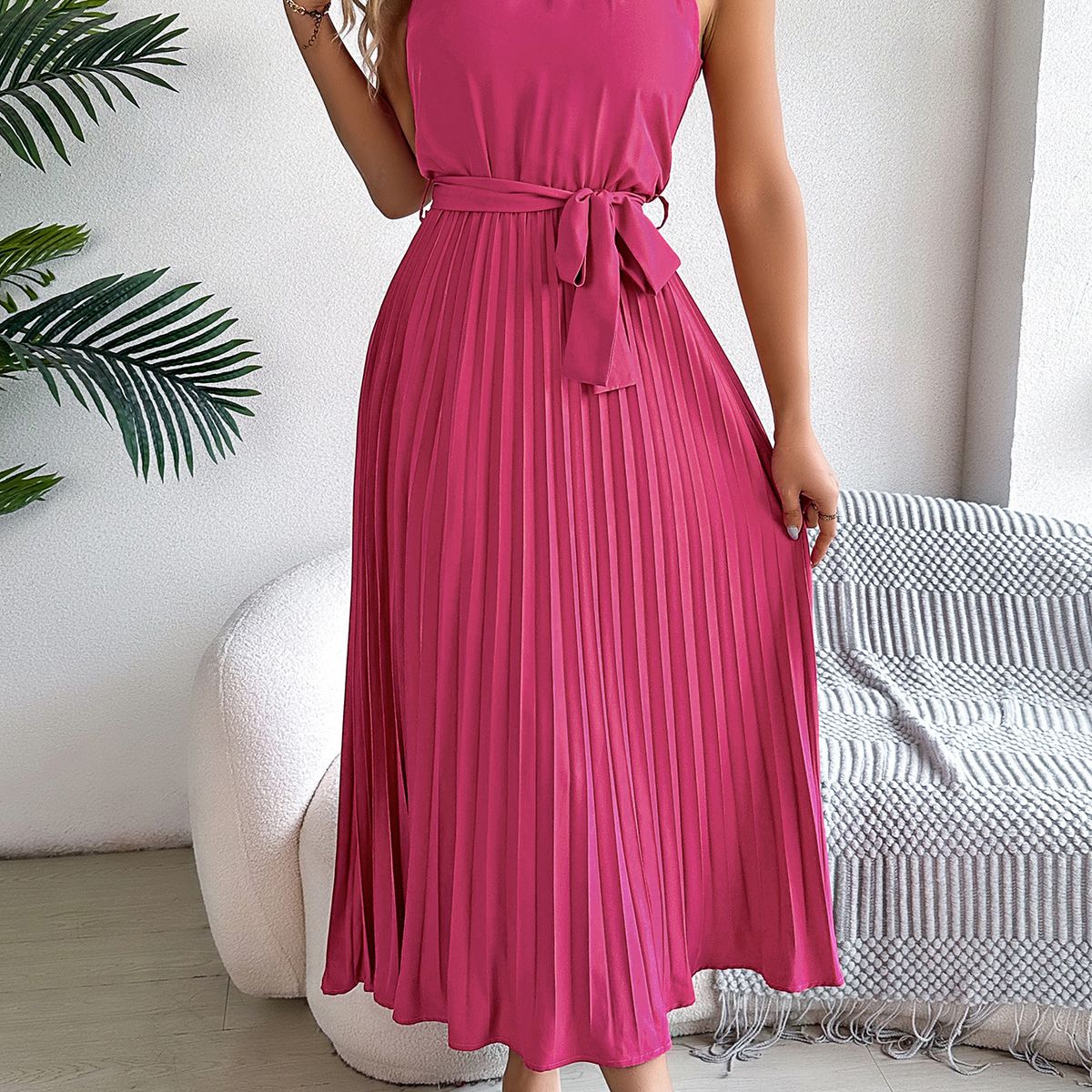 TIOZONEY - Vestido sin mangas con cuello halter-Rosa