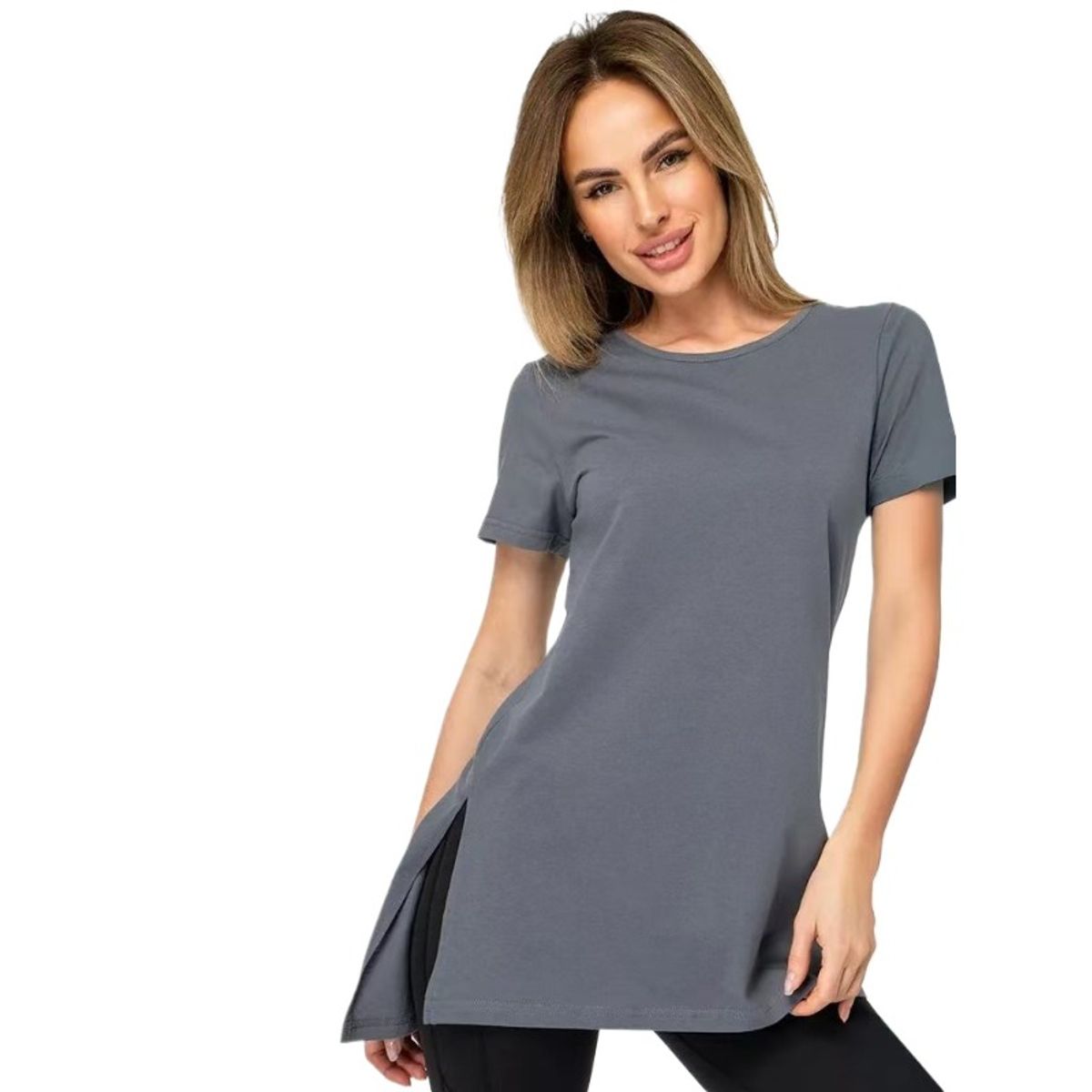 TIOZONEY - Camisa de manga corta con cuello redondo holgado-Gris