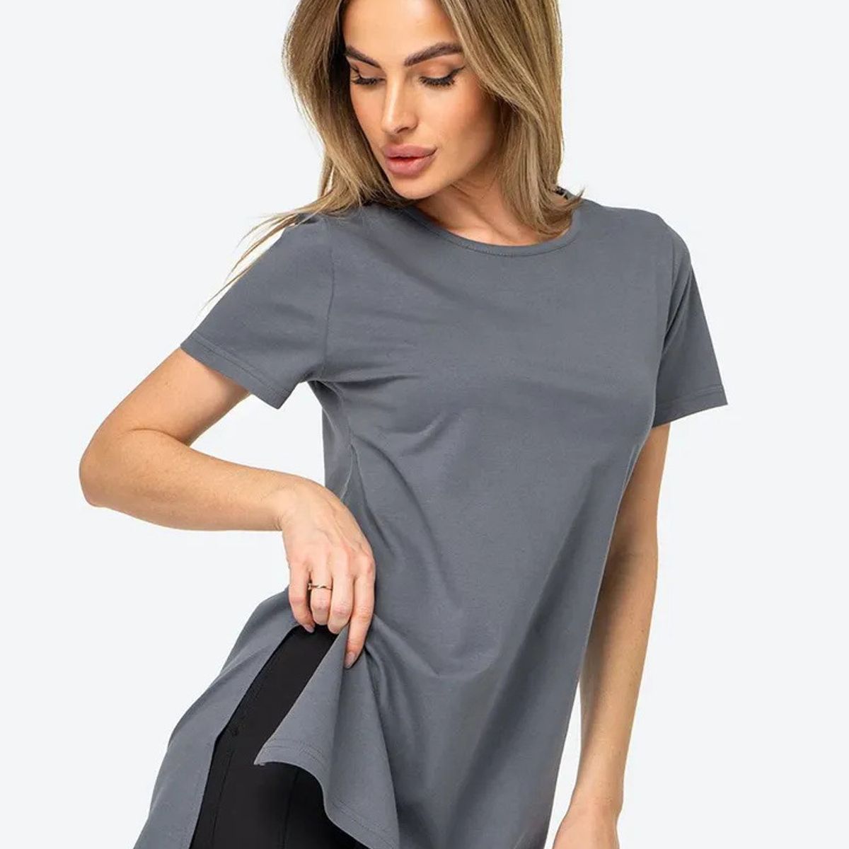 TIOZONEY - Camisa de manga corta con cuello redondo holgado-Gris