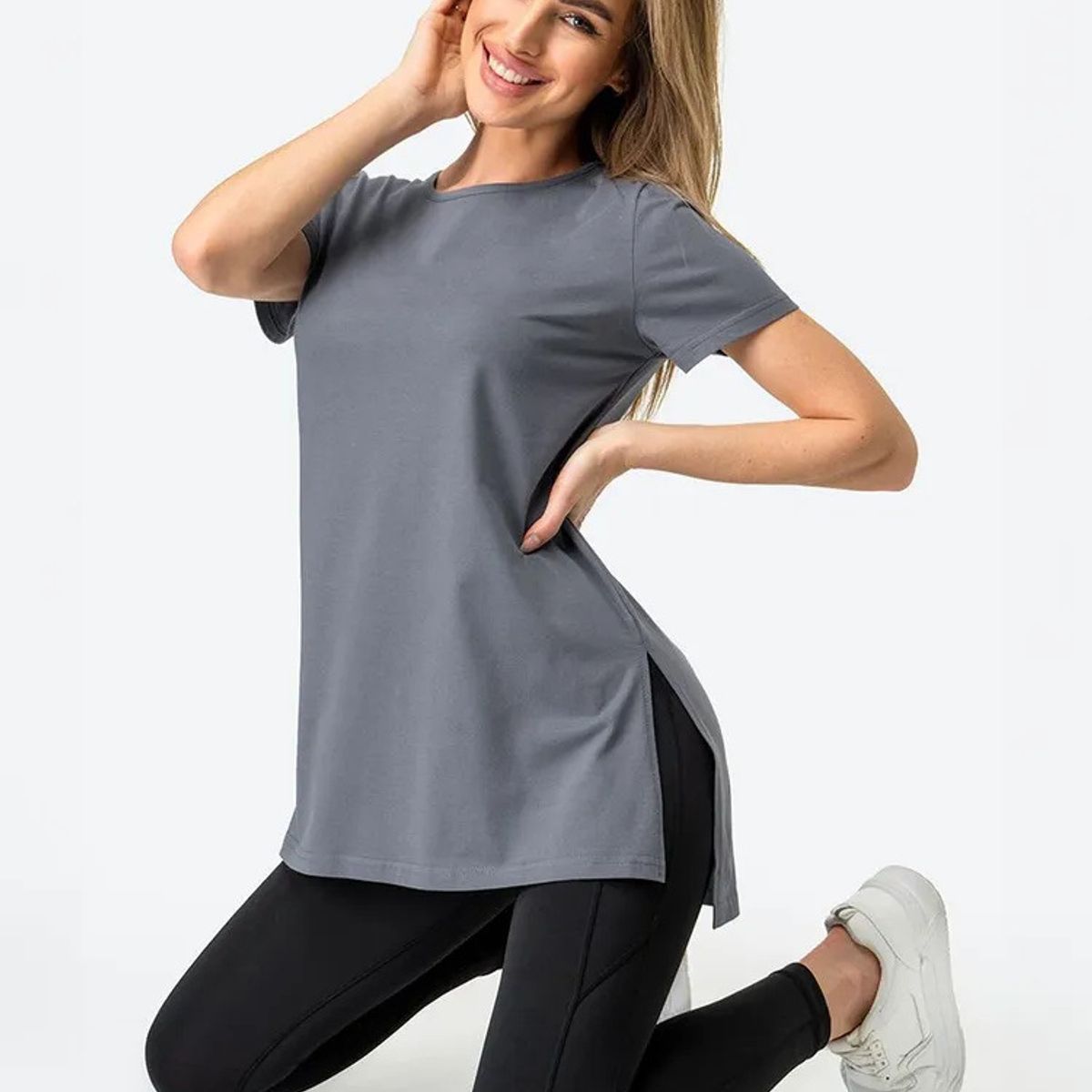 TIOZONEY - Camisa de manga corta con cuello redondo holgado-Gris