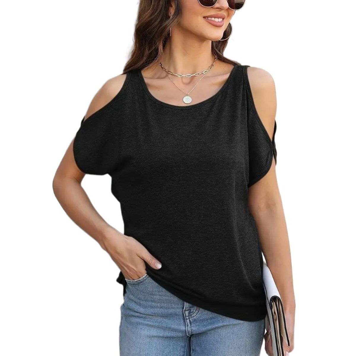 TIOZONEY - Blusa con hombros descubiertos para mujer-Negro