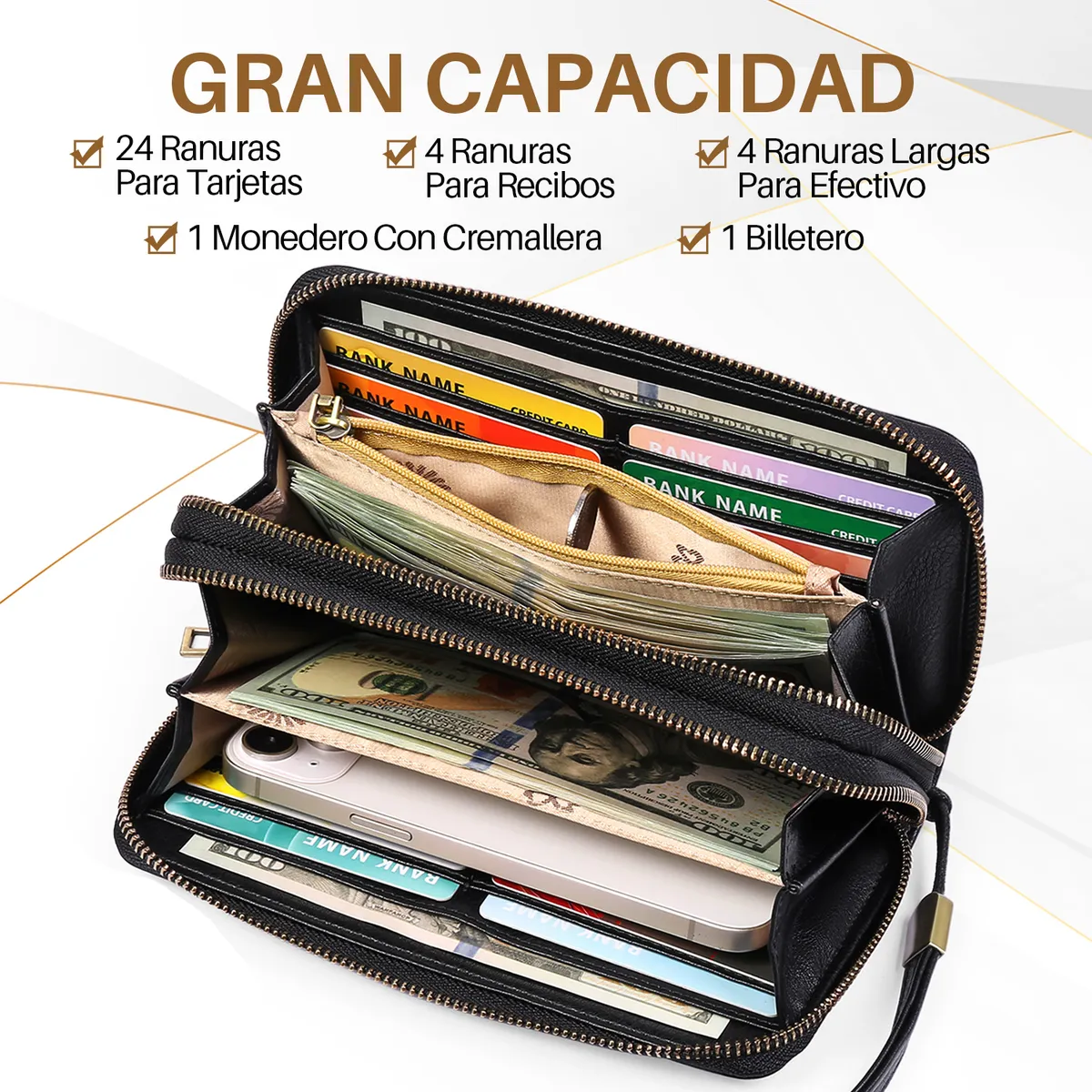 SLOWTON - Cartera De Mujer Rfid Bloqueo Billetero Doble Gran Capacidad