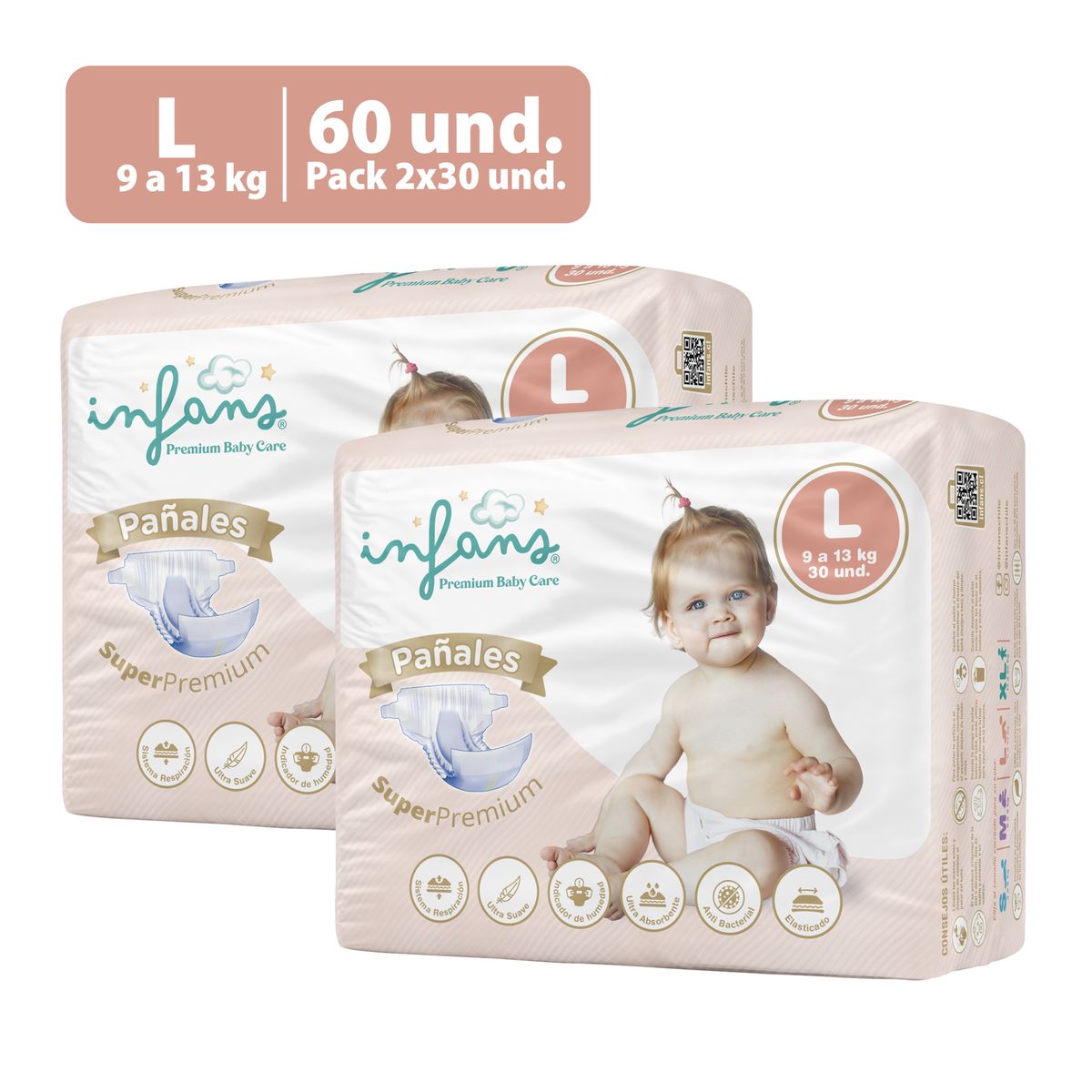 GENERICO - Pañales INFANS Premium Baby Care Talla L 60 Unidades