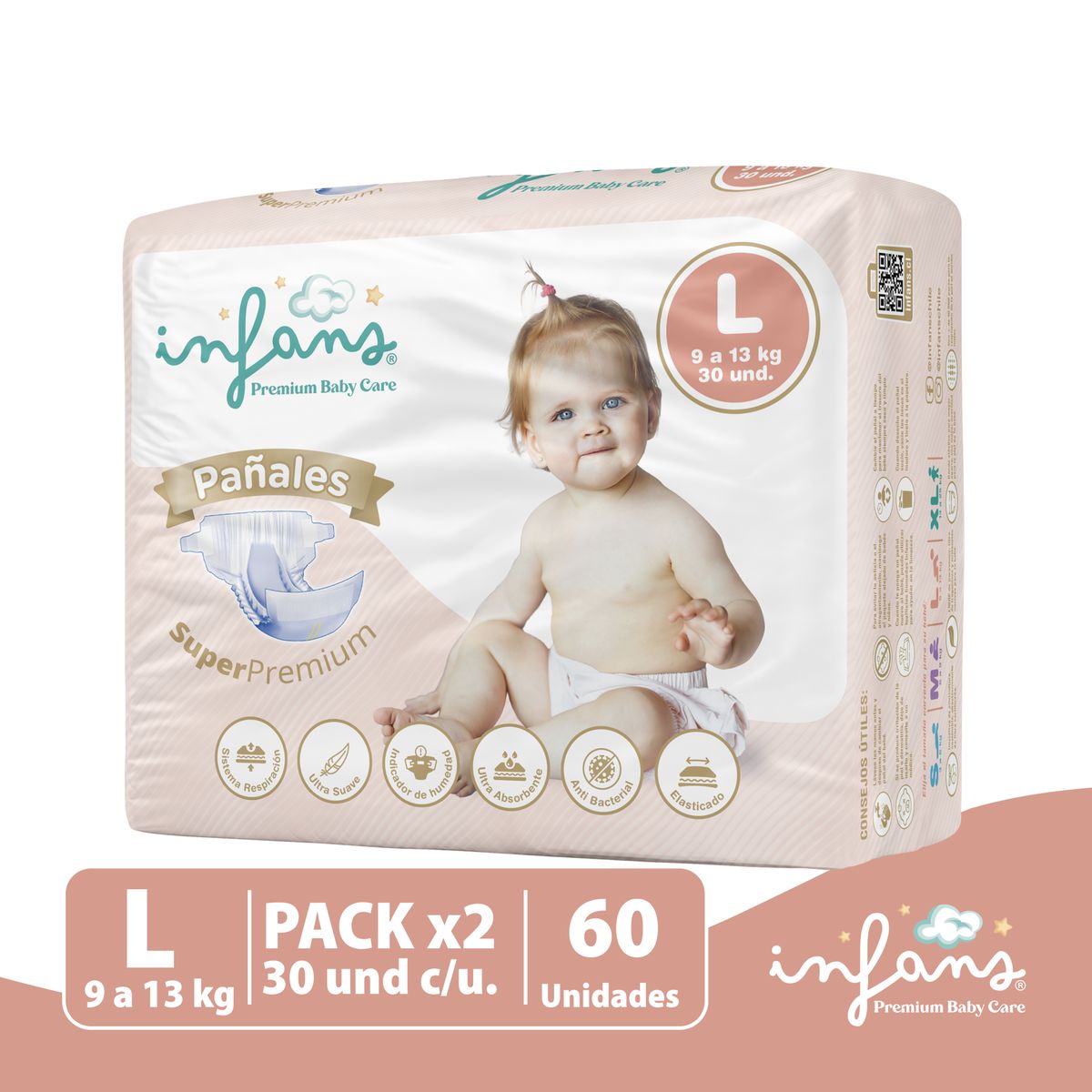 GENERICO - Pañales INFANS Premium Baby Care Talla L 60 Unidades